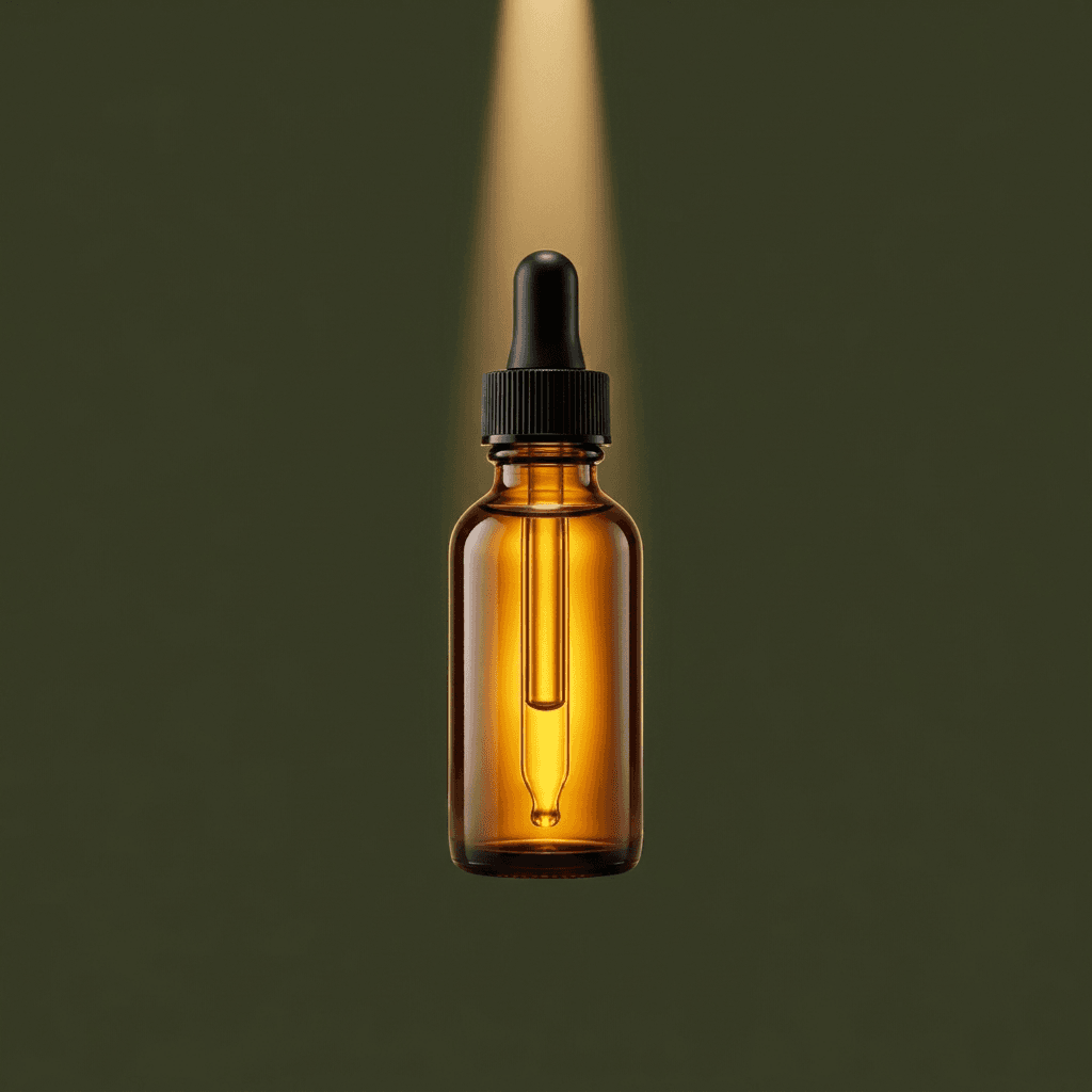 Amber glass bottle of golden essential oil