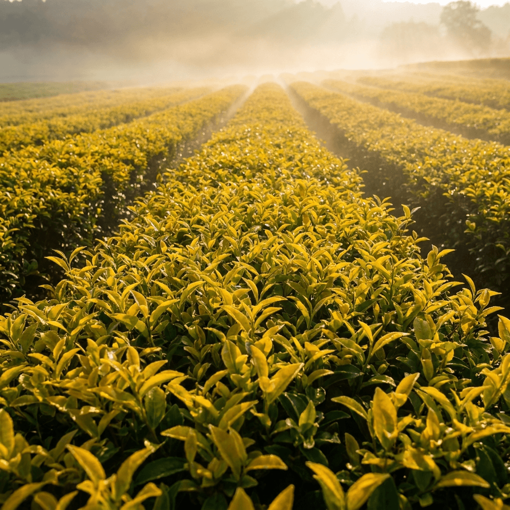 Golden tea plantation at sunrise