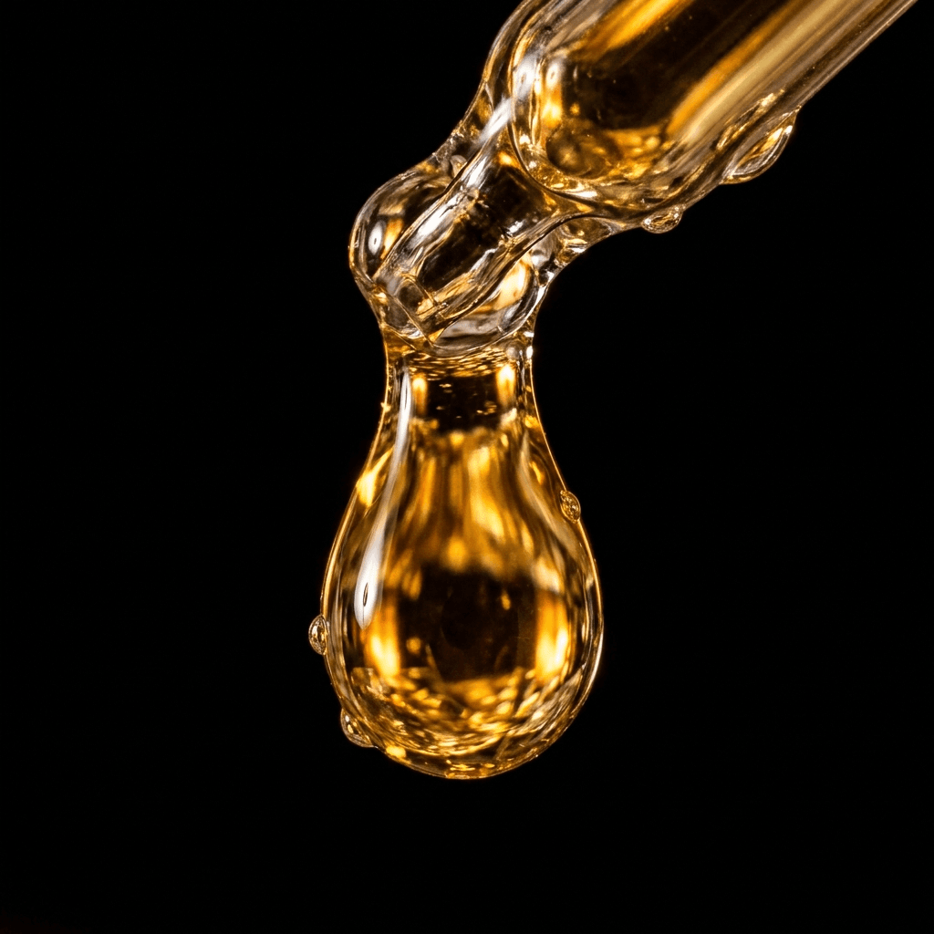 Golden oil droplet from glass pipette