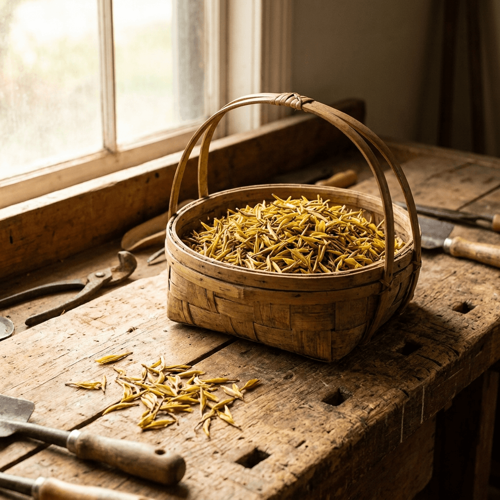 Fresh golden tea buds in bamboo basket
